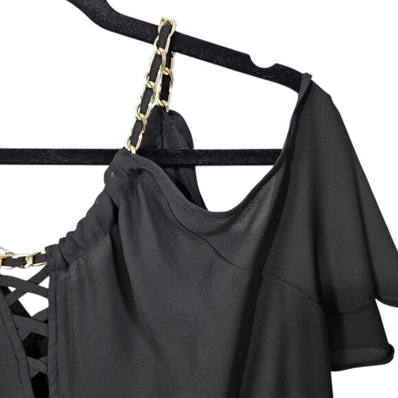 💎INC International Concepts Lace-Up Cold-Shoulder Chain Black Top - Picture 4 of 8